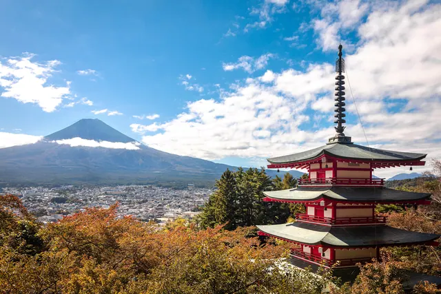 Chureito pagoda with Mount Fuji in early autumn